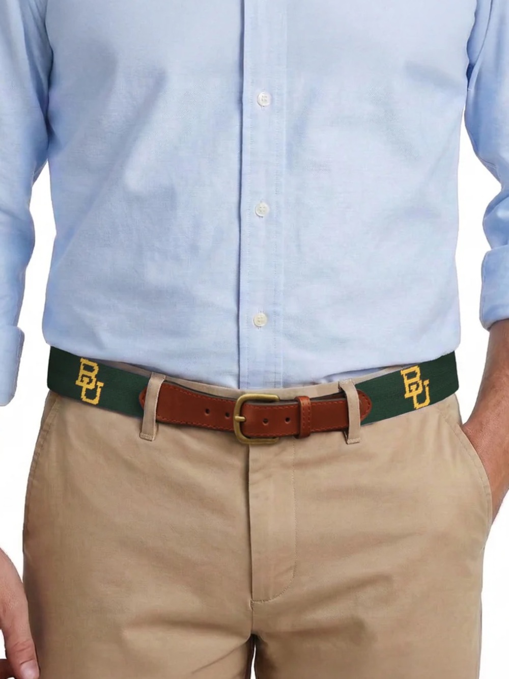 Smathers & Branson Baylor Belt Brown Leather Trim Green-Yellow Embroidery Size38 - Picture 8 of 9